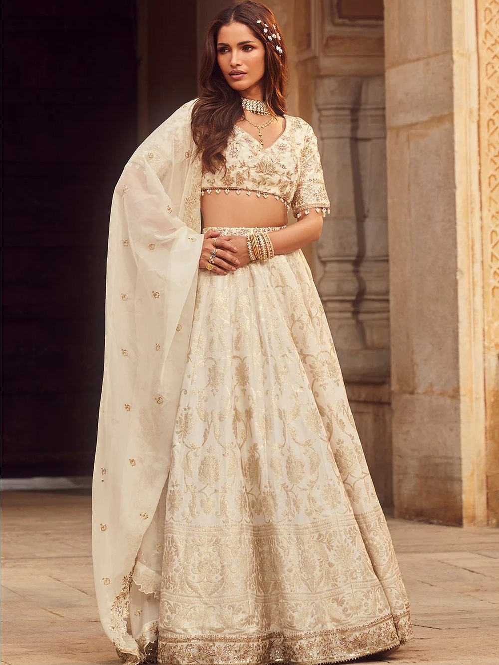 LASHKARAA Ivory and gold brocade Embroidered Lehenga NEW without tags
